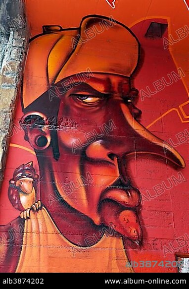 Grimace, evil eye, long nose, graffiti, street art, Duisburg, North Rhine-Westphalia, Germany, Europe.