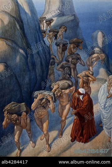Amos Nattini (1892-1985), "The Divine Comedy" by Dante Alighieri (1265-1321). Purgatorio (Purgatory), Canto XI, First terrace; Pride. Dante and Virgil meet the souls of the proud, bent over by the weight of stones on their backs. They meet Oderisi of Gubbio.. Private collection.. In 1921, for Dante Aligheri's 600th anniversary of death, the Istituto Nazionale Dantesco chose Amos Nattini to illustrate The Divine Comedy. The illustrations have been published in 1923.