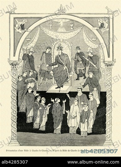 Presentation of the Bible to Charles the Bald. According to an illustration: "la Bible de Charles le Chauve", housed at the Museum of the Louvre. 19th Century engraving.