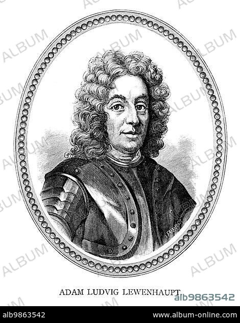 Adam Ludwig Lewenhaupt (15 April 1659 ? 12 February 1719) was a Swedish general. Engraving by Ida Falander (1842-1927), published in Starbäck, Bäckström: Berättelser ur Svenska Historien ca 1880.