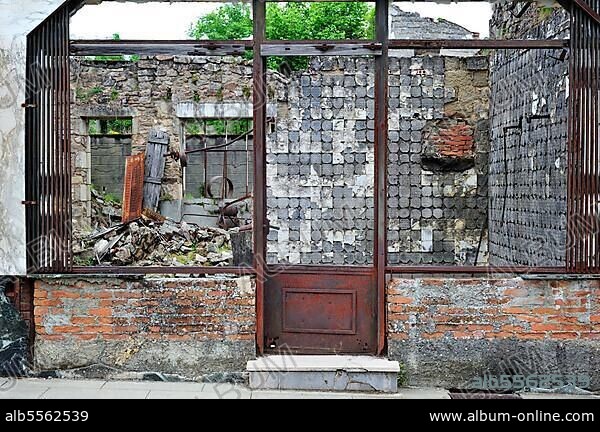 Burnt-out butcher's shop. The burnt village of Oradour-sur-Glane was destroyed on 10 June 1944 when 642 of its inhabitants, including woman and children, were massacred by a German Waffen SS company, Limousin, France, Europe.