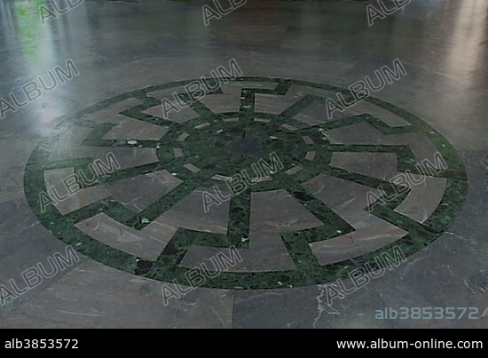 Ornament of the Black Sun wheel mosaic with superimposed swastikas in the floor of Obergruppenführersaal, SS Generals' Hall, Wewelsburg castle, contemporarily used as a symbol of the extreme right, 1934-45 cult-site of the SS under Himmler, now Historical Museum, Büren-Wewelsburg, Paderborn district, North Rhine-Westphalia, Germany, Europe.