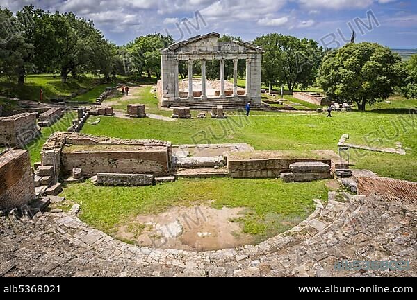 Odeon with rows of seats in front of the ruins of a Doric Buleuterion, former assembly hall, ruins, Apollonia, Vlora, VlorÃ«, Albania, Europe.