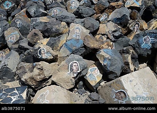 Pictures of famous musicians painted on stones, Auditorio de Tenerife, Santa Cruz Island, Tenerife, Canary Islands, Spain, Europe.