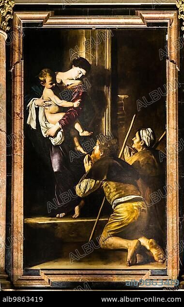 Altarpiece Madonna di Pellegrini 1605 by Michelangelo Merisi da Caravaggio, called Caravaggio, Sant'Agostino, Rome, Lazio, Italy Altarpiece Madonna di Pellegrini 1605 by Michelangelo Merisi da Caravaggio, called Caravaggio, Sant'Agostino, Rome, Lazio, Italy, Europe.