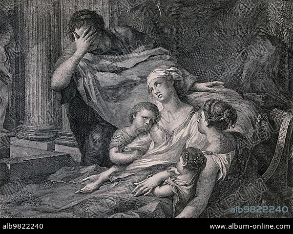 The dying Alcestis is surrounded by her family; in Greek mythology the daughter of the Iolcian king Pelias; son of Poseidon; and his wife Anaxibia; Opera scene from 1880; Historical; digitally restored reproduction from a 19th century original.