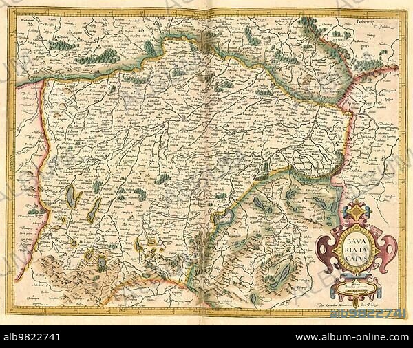 Atlas; map from 1623; Bavaria; Germany; digitally restored reproduction from an engraving by Gerhard Mercator; born as Gheert Cremer; 5 March 1512; 2 December 1594; geographer and cartographer; Europe.