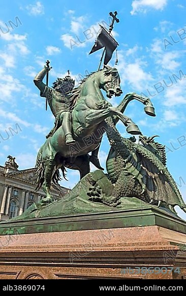 St. George and the Dragon, statue by August Kiß, representing triumph of good over evil, Berlin, Germany, Europe.