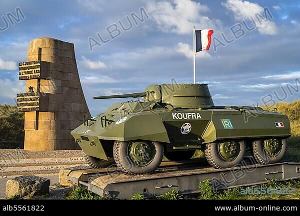 The Leclerc Monument and the M8 Greyhound light armoured car of the Forces françaises libres, FFL from the Second World War at Utah Beach, Saint-Martin-de-Varreville, Normandy, France, Europe.