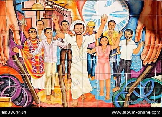 Mural, wall tiles, Catholic church, Olvera Street, Los Angeles, California, USA, North America.