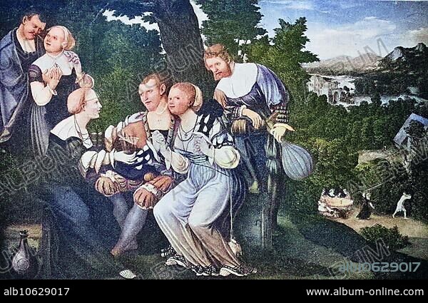 Junker und Prostituierte, nach einem Gemälde von Hans Sebald Beham, digital verbesserte Reproduktion aus einer Publikation aus dem Jahr 1880, Junker and prostitutes, after a painting by Hans Sebald Beham, digital improved reproduction from a publication of the year 1880.