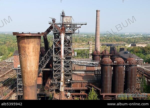 View from the blast furnace at the Landschaftspark landscape park Duisburg Nord, Duisburg, Ruhrgebiet area, North Rhine-Westphalia, Germany, Europe.