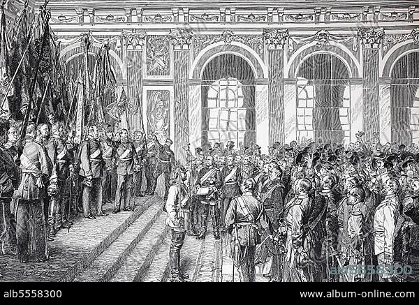 Wilhelm I. wird im Spiegelsaal in Versailles, Frankreich, zum deutschen Kaiser ernannt, Historisch, digital restaurierte Reproduktion einer Originalvorlage aus dem 19. Jahrhundert.