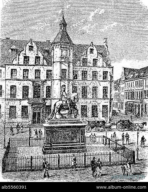 Marktplatz und Rathaus in Düsseldorf, Nordrhein-Westfalen, Deutschland, im Jahre 1880, Historisch, digital restaurierte Reproduktion einer Originalvorlage aus dem 19. Jahrhundert.