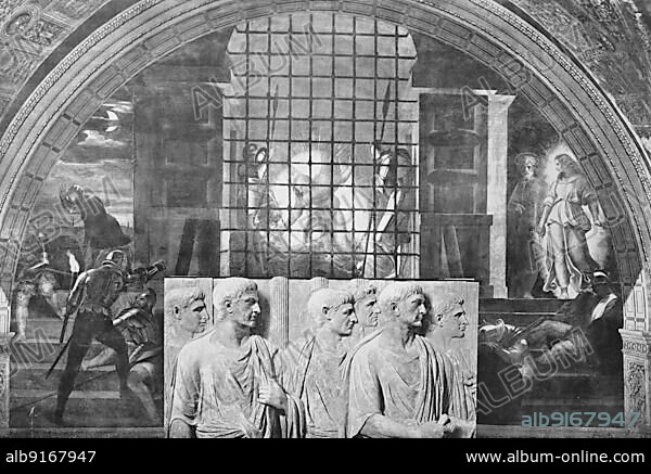 Historical photo (ca 1880) of the Lateran Museum, Vatican. The Liberation of St. Peter and the Emperor Trajan, Rome, Italy, Historic, digitally restored reproduction of a 19th century original, exact original date unknown, Europe.