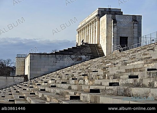 Large grandstand at Zeppelinfeld, Zeppelin Field, Nazi party rally grounds, Nuremberg, Middle Franconia, Bavaria, Germany, Europe.