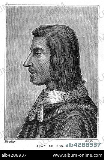John II of France, or John the Good (born on the 26th April 1319 at Gué Castle of Maulny (Le Mans) - died in London on the 8th April 1364). Son of Philip VI and Joan of Bourgogne, was King of France from 1350 to 1365, the second in the Capetian de Valois royal family. Accompanied by his second wife Joan of Auvergne, he was crowned at Reims on the 26 September 1350 by Archbishop John II of Vienna. King John II the Good was seen to have been a "brave Knight". His reign was affected by serious financial issues, by the schemings of Charles the Bad, King of Navarre and by the crisis which affected the General Estates (led by Etienne Marcel). Benefiting from all these troubles, the English, led by Edward III and his son the Black Prince, launched an expodition in Languedoc and Gascogne in 1355. On the 19 September 1356, John the Good was defeated during the battle of Poitiers. Taken prisoner, he was taken to London. In 1360, the Treaty of Brétigny led to his release, with the price of ransom held at 3 million golden écus (equivalent to 11,64 tons of gold), but two of his sons, John and Louis, had to be in London in order to ensure the transaction was made correctly. One of them, Louis, fled in 1363, John the Good, honourably respecting the law, returned to be taken prisoner in London where he died in 1364. 19th Century engraving.