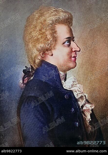 Wolfgang Amadeus Mozart; baptised as Johannes Chrysostomus Wolfgangus Theophilus Mozart; was a prolific and influential composer of the classical era; Historical; digitally restored reproduction of a 19th century original.