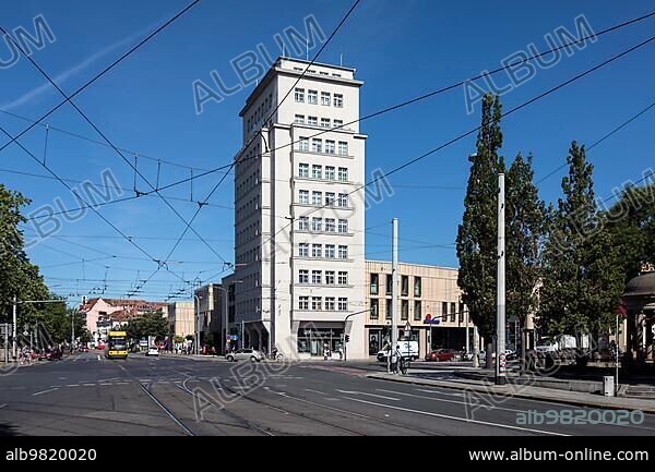 Albertplatz with the DVB high-rise; Dresdens oldest office tower; now the Simmel Centre and the museum Die Welt der DDR; Dresden; Saxony; Germany; Europe.