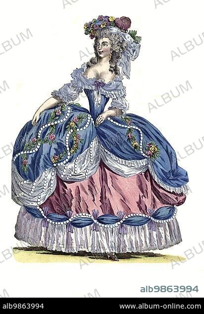 Marie Antoinette, French queens were expected to be role models when it came to fashion. As the woman of Louis XVI, Marie Antoinette dedicated herself to this task with enthusiasm. Together with her Marchande de Modes Rose Bertin and her hairdresser Léonard, she launched many a new fashion. Court etiquette dictated robes de cour, lavishly decorated dresses with wide skirts, Paris, 1787, France, Historic, digitally restored reproduction from an original au, Europe.