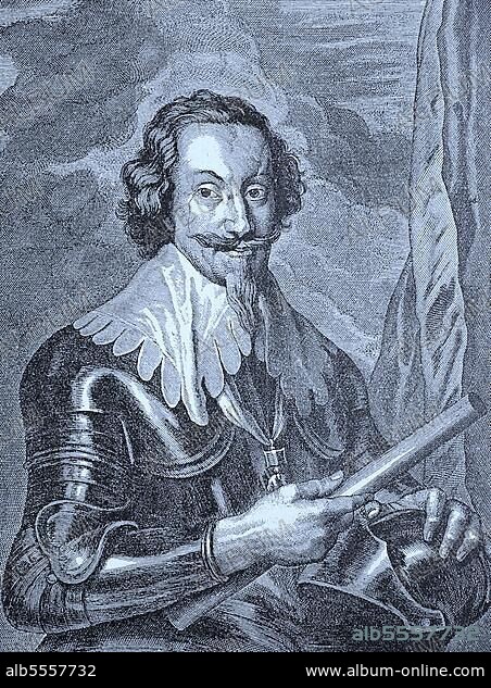 Gottfried Heinrich Graf zu Pappenheim, 8. Juni 1594, 17. November 1632, war ein General im Dreißigjährigen Krieg, der unter dem Oberbefehl Wallensteins für die Katholische Liga und den Habsburger Kaiser kämpfte, dem die Erfindung der Zahnradpumpe zugeschrieben wird, Deutschland, digitale verbesserte Reproduktion eines Originaldrucks aus dem 19. Jahrhundert.
