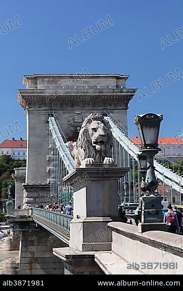 Lion statue at the Széchenyi Chain Bridge, Budapest, Hungary, Europe.