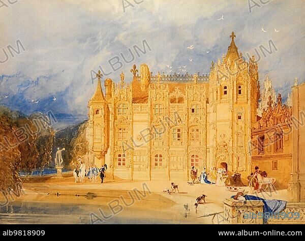 The Abbatial House; Saint-Ouen Abbey Church; an important Gothic church in Rouen; Normandy; 1830; France; painting by John Sell Cotman; Historic; digitally restored reproduction from a 19th century original; Europe.