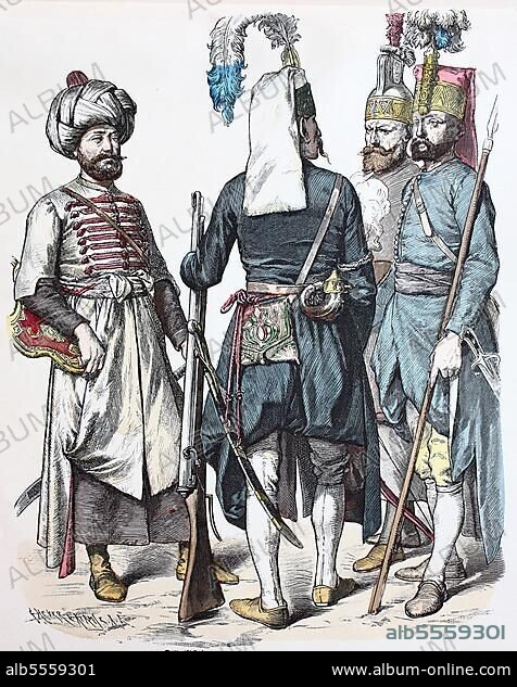 Folk traditional costume, clothing, history of costumes, Turkish military, Janissaries, Ottoman Empire, elite army troop, 14th century, Turkey, digitally restored reproduction of a 19th century original, exact date unknown, Asia.