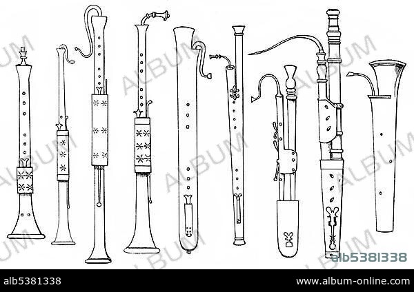 Historical drawing, various forms of ancient woodwind instruments, pommer, shawm, oboe, bassoon.