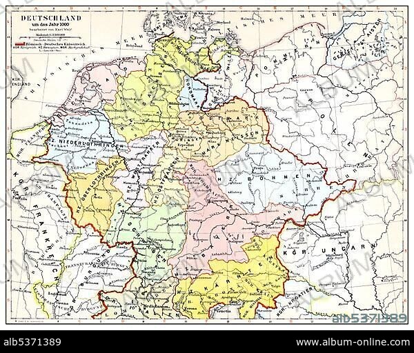 Historical map of Germany and Europe, Roman-German Empire in the 10th Century, from Meyers Konversations-Lexikon encyclopaedia, 1890.