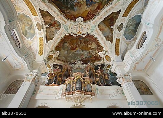 Organ loft with ceiling fresco, Benedictine Abbey Beuron, St. Martin Monastery Church, Baden-Württemberg, Germany, Europe.