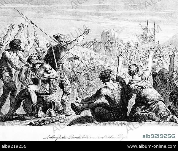 Arrival of the Ark of the Covenant at the Israelite Camp, Crowd, Warriors, Armour, Weapons, Lances, Spears, People, Priests, Joy, Rejoicing, Mountain Landscape, Waving, Welcome, Reach, Arrive, Bible, Old Testament, First Book of Samuel, Chapter 5, Historical illustration c. 1850, Near East.