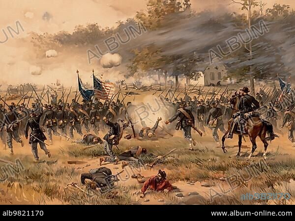 Battle of Antietam; also called Battle of Sharpsburg; was the decisive battle of the Confederate Maryland Campaign during the American Civil War. It took place on 17 September (1862) along the Antietam River in Maryland; Historic; digitally restored reproduction from an original of the period; Battle of Antietam; also called Battle of Sharpsburg; was the decisive battle of the Confederate Maryland Campaign during the American Civil War. It took place on 17 September 1862 along the A.