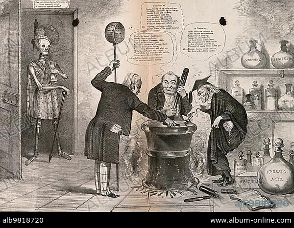 A skeletonised figure watching three doctors around a cauldron; a parody of Macbeth and the Three Witches; Historical; digitally restored reproduction from an 18th or 19th century original.