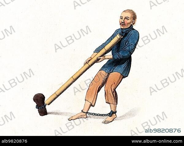 Torture; Punishment; Punishment; A Chinese man with shackled feet is tied to a tree stump with a chain; c. 1810; China; Historical; digitally restored reproduction from a 19th century original; Asia.