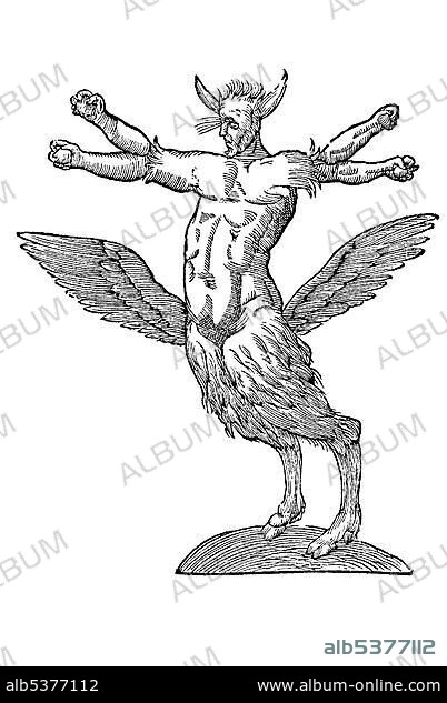 Woodcut, Monstrum tetrachiron alatum capite humano aurito, bearded monster with two wings, four arms, two shoulders, human head, animal ears, human body and goat's legs, taken from Aldrovandi, Historia Monstrorum 1642, 17th century, Renaissance.