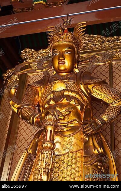 Skanda bodhisattva statue in Tian Wang Dian (Hall of Celestial king) . Lian Shan Shuang Lin Monastery, Singapore, Asia.