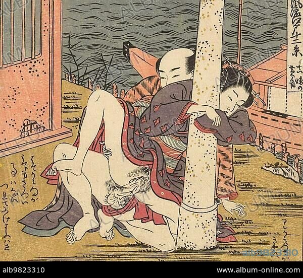 Lovers at the Torii; Kama Sutra; eroticism; sex; erotic depiction from the year 1850; Japan; Historical; digitally restored reproduction from a 19th century original; Asia.