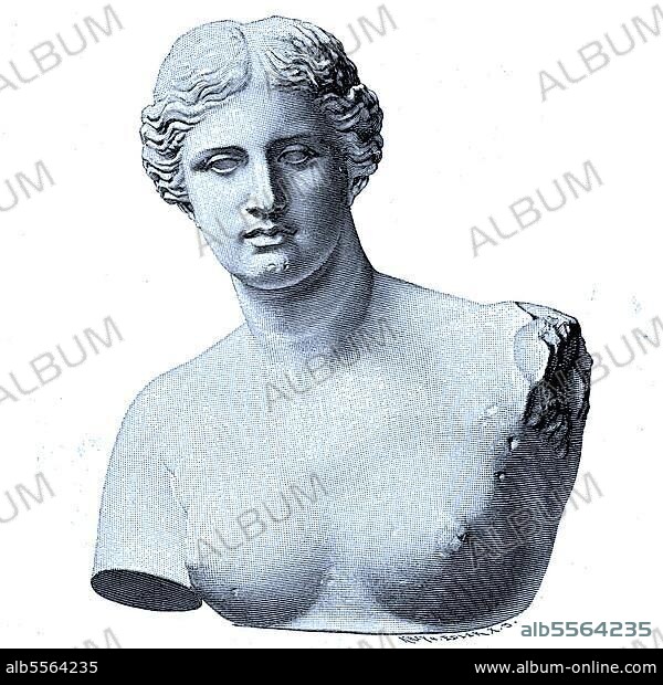 Die Venus von Milo, auch Aphrodite von Melos, eine halbnackte Statue der Göttin Aphrodite, Teil der antiken Marmorstatue im Louvre in Paris, digitale verbesserte Reproduktion eines Originaldrucks von 1880.
