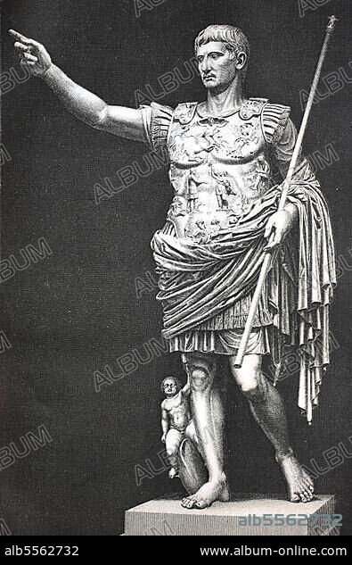 Augustus von Prima Porta, Augusto di Prima Porta, ist eine 2, 03 m hohe Marmorstatue von Augustus Cäsar, die am 20. April 1863 in der Villa der Livia in Prima Porta bei Rom entdeckt wurde, digital restaurierte Reproduktion einer Originalvorlage aus dem 19. Jahrhundert.