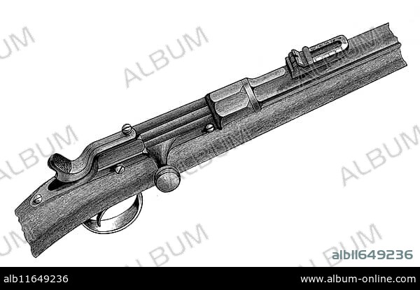 Chassepot rifle, a French infantry rifle M 1866, a rifled breech-loading rifle of the primer-pin rifle type, shown closed and with trigger pulled, illustration from 1880, historical, digital reproduction of an original from the 19th century.