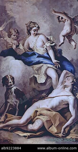 Endimione and Selene, painting by Sebastiano Ricci, Endimione, according to myth a shepherd or the king of Elis in the Peloponnese, with whom the moon goddess Selene fell in love, Historic, digitally restored reproduction of an original painting from the period, exact original date not known.