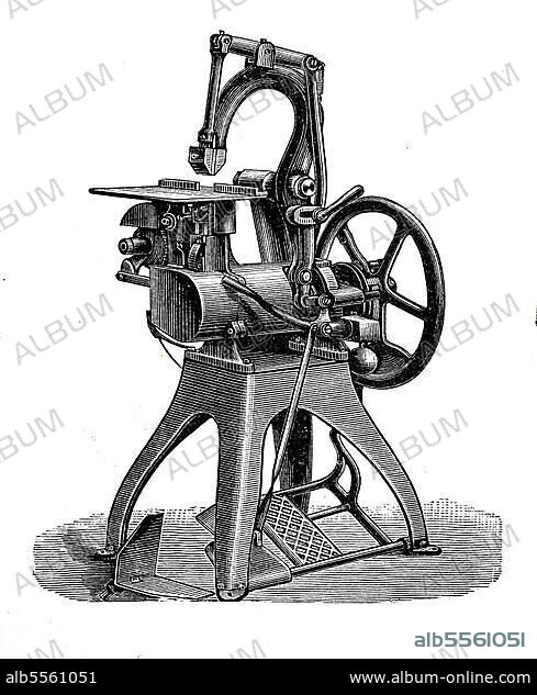 Buchbindereimaschinen 1890: Drahtheftmaschine für Fußbetrieb, digital restaurierte Reproduktion einer Originalvorlage aus dem 19. Jahrhundert, Originaldatum nicht bekannt.