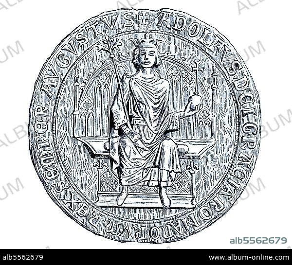 Das Siegel des Adolf von Nassau im Stadtarchiv Frankfurt a. Main mit der Umschrift Adolfus Dei Gracia Romanorum Rex Semper Augustus, digitale verbesserte Datei eines Originaldrucks aus dem 19. Jahrhundert.
