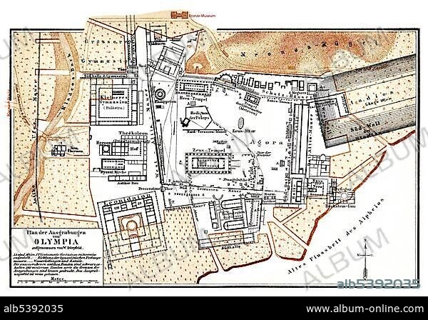Historic map of the excavations at Olympia, Greece, 19th Century, from Meyers Konversations-Lexikon encyclopaedia, 1889, Europe.