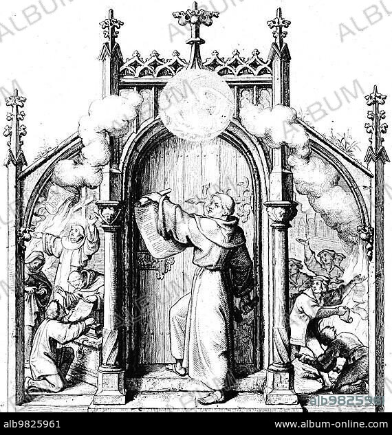 Martin Luther slams the 95 theses on the church door in Wittenberg (centre); indulgence preacher Tezel (left); Wittenberg students burn Tezel's opposites (right); religion; Catholic; Protestant; opponents; 16th century; historical illustration around 1860.