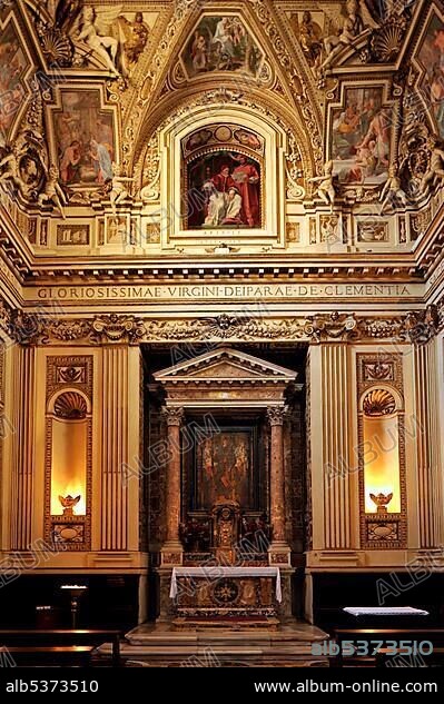 Capella Altemps with altar and Madonna della Clemenza in the Basilica of Santa Maria in Trastevere, Rome, Lazio, Italy, Europe.