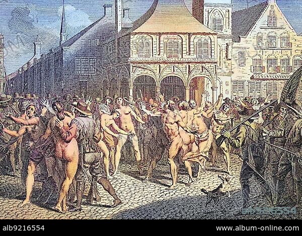 Abolition of the Adamites, a Christian grouping that allegedly wanted to restore the state of nudity, in Amsterdam, tendentious-fantastic 17th century Dutch depiction, digitally restored reproduction of a 19th century original, exact original date not known.