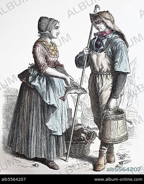 Folk traditional costume, clothing, history of costumes, costume from Holland, Scheveningen, 1850, Historic, digitally restored reproduction of a 19th century original.