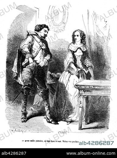 The Three Musketeers. Count de Rochefort with Milady. Engraving, 19th century . Alexandre Dumas. Private collection.